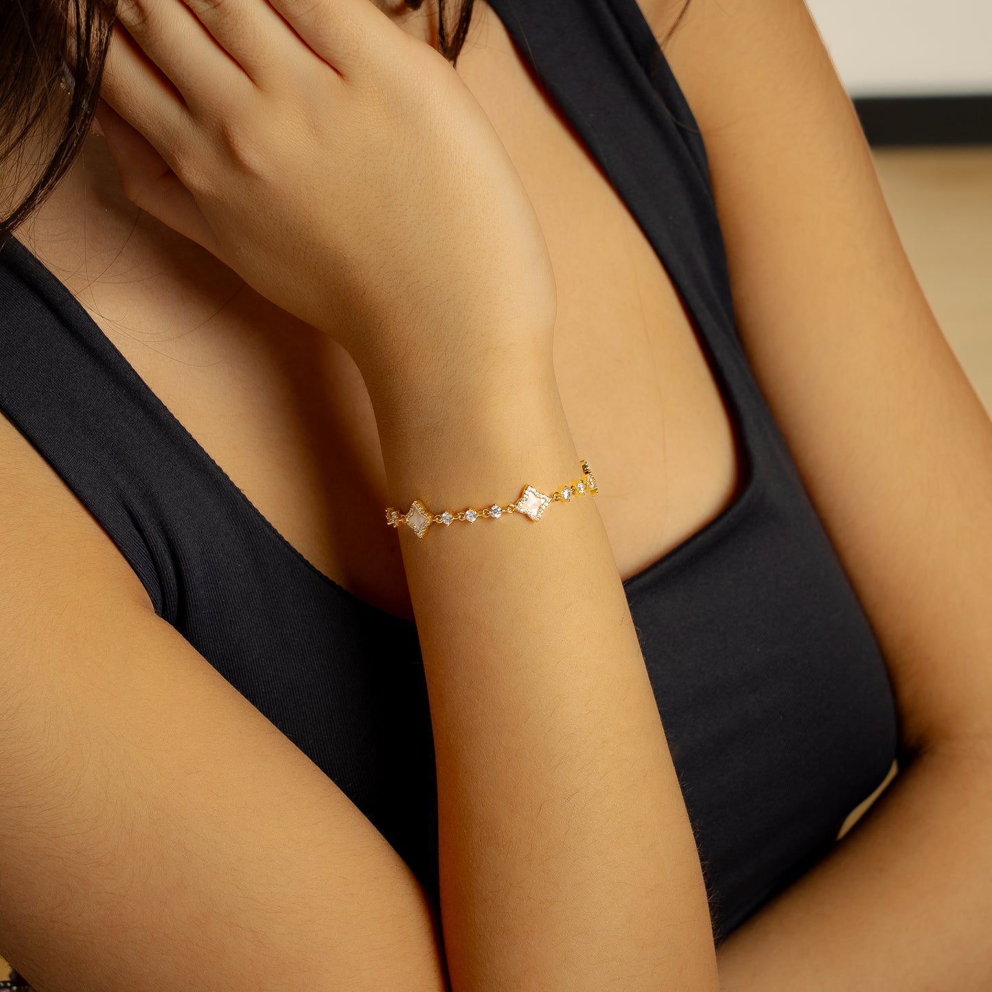 Gold Flower Tennis Bracelet - White