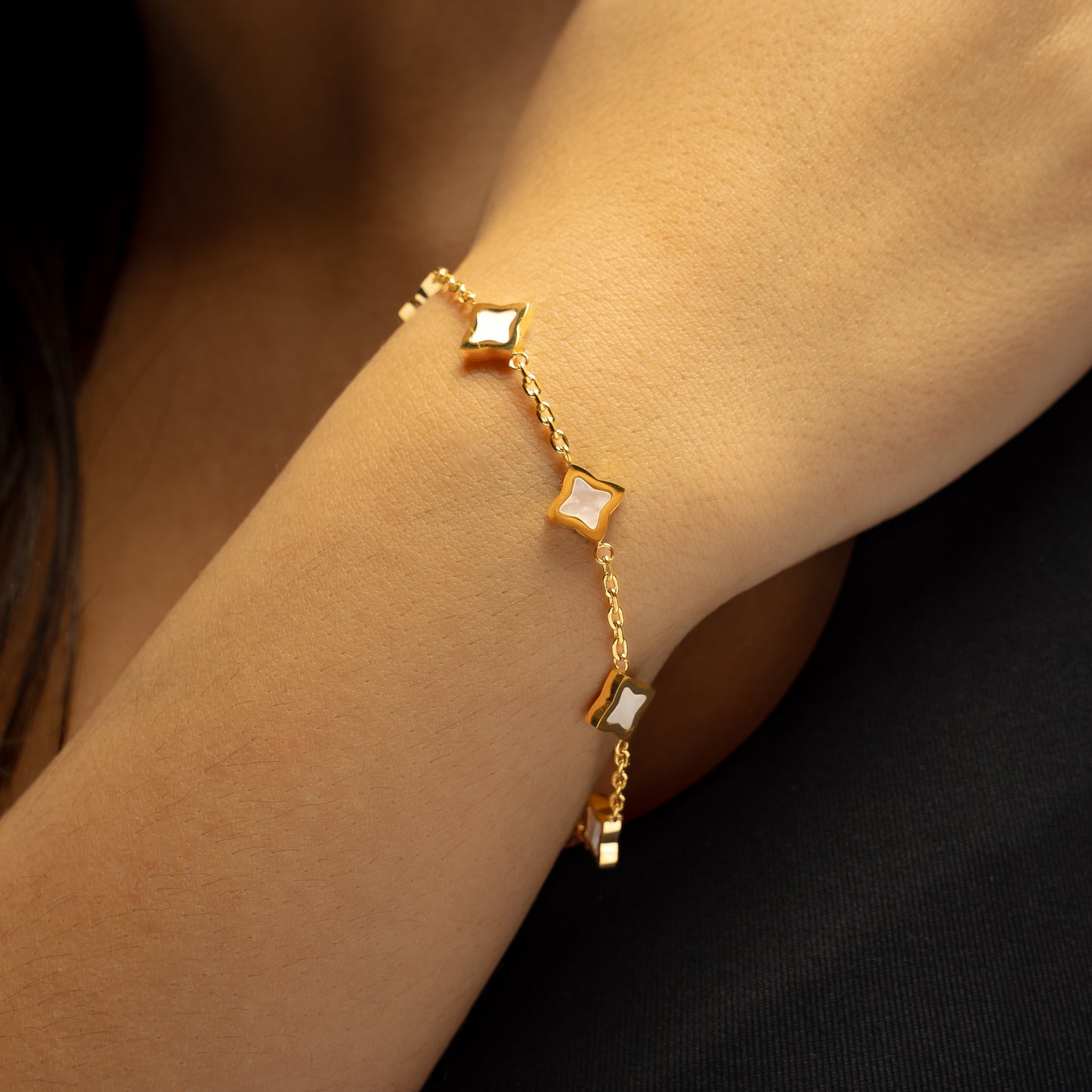 Gold Flower Cable Bracelet - White