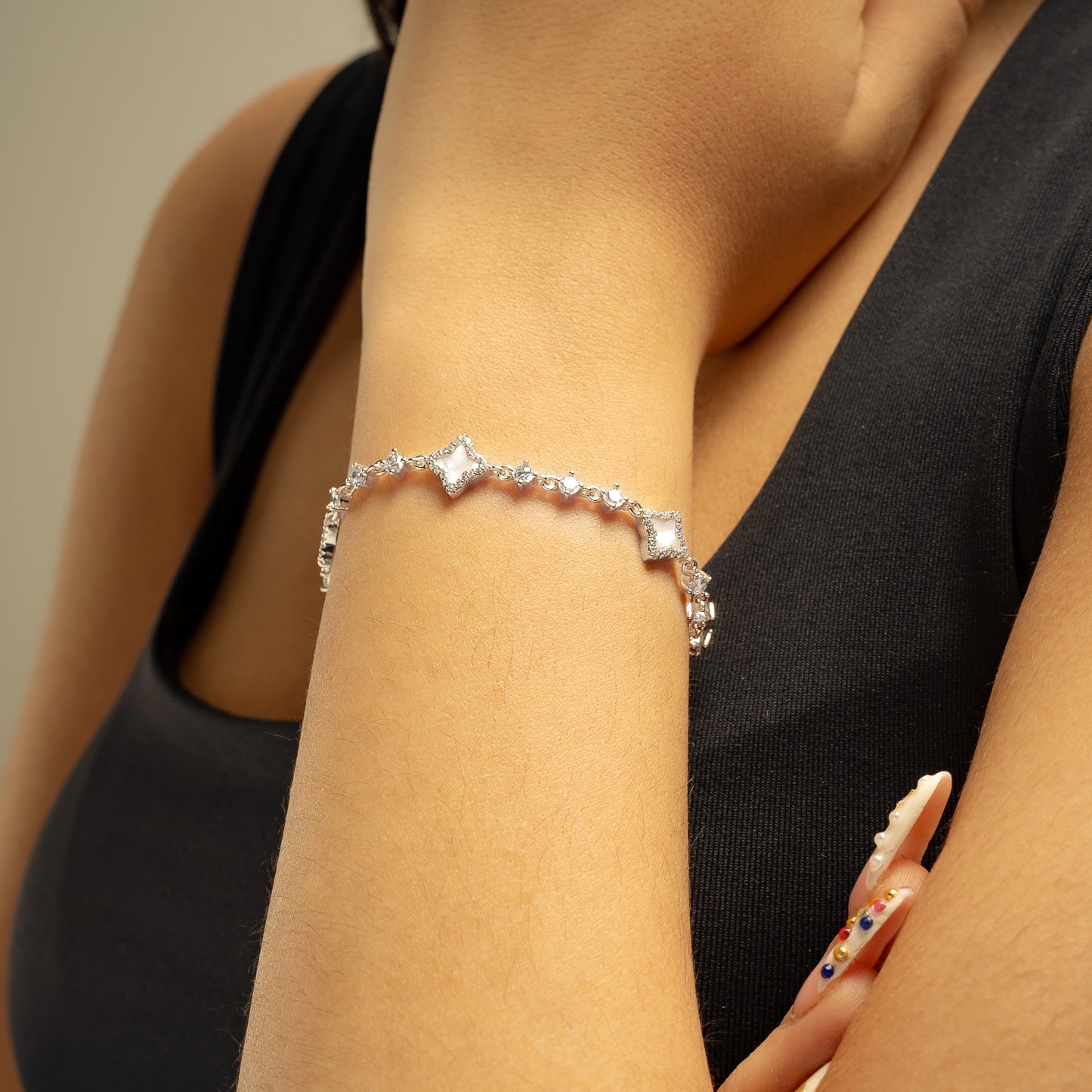 Silver Flower Tennis Bracelet - White