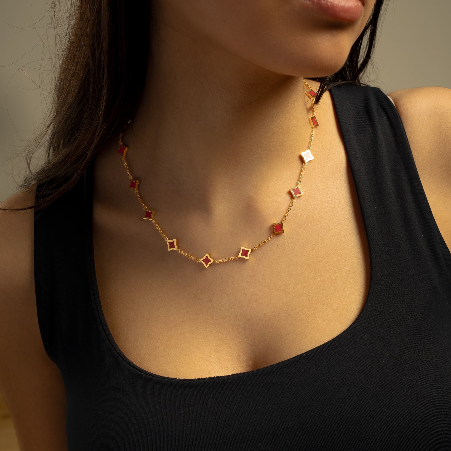 Gold Flower Cable Chain - Red