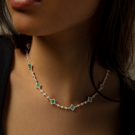 Silver Flower Tennis Chain - Green