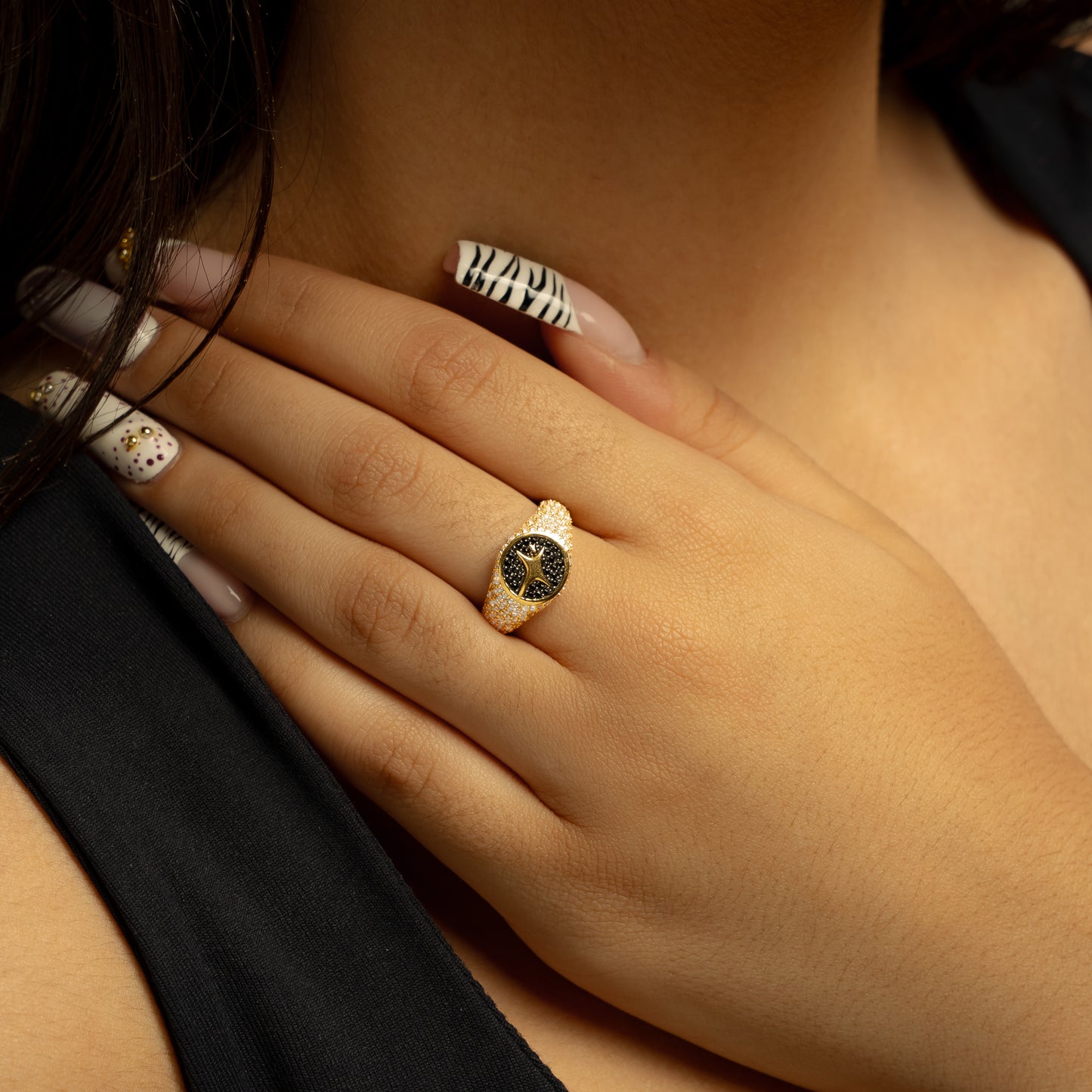 Iced Round signet ring gold