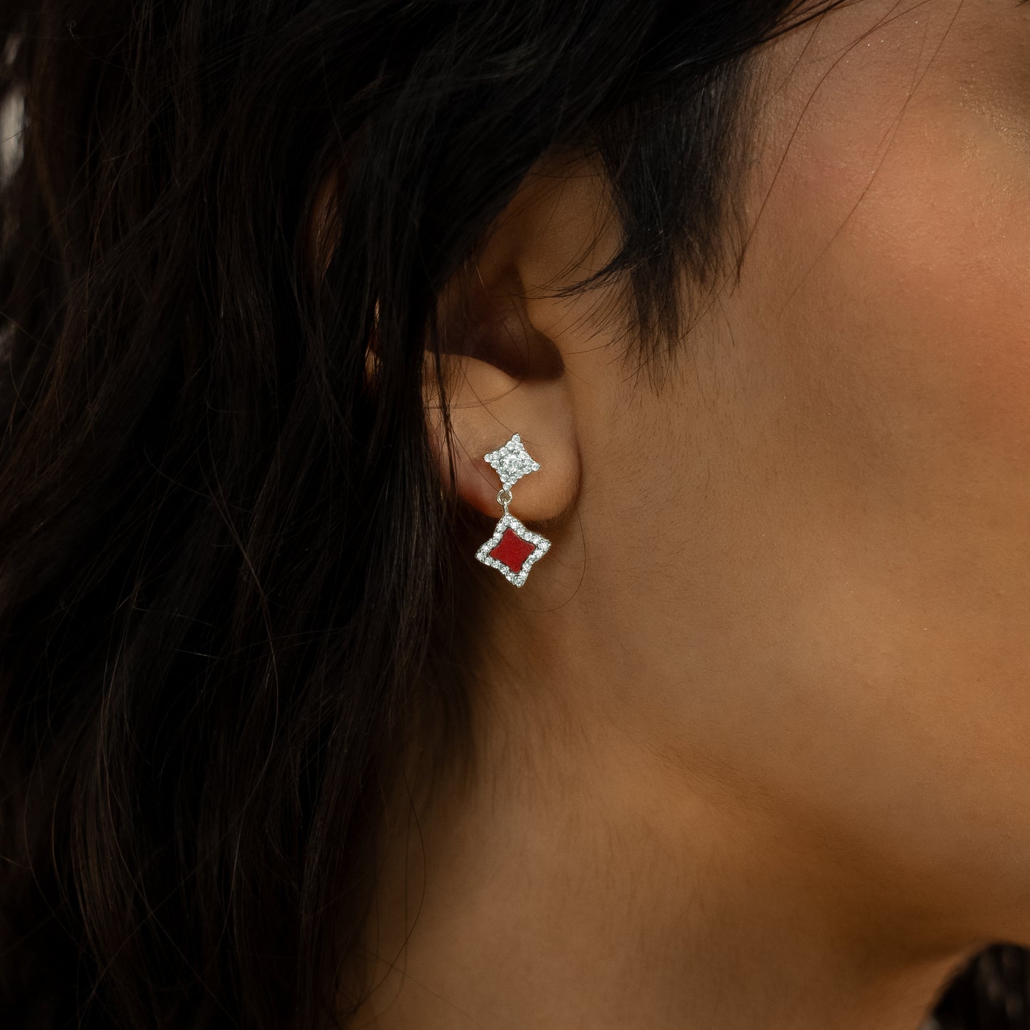 Stars & Flowers silver earrings - Red