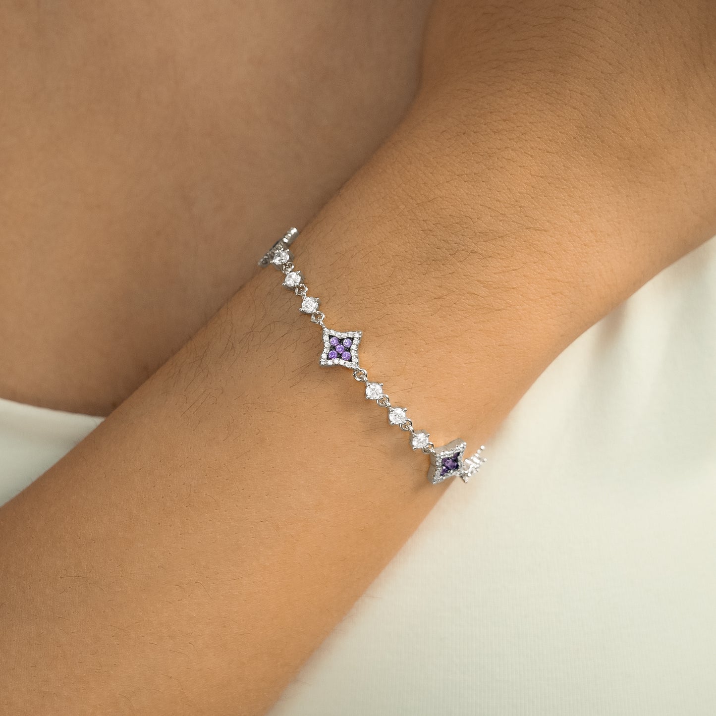 Silver Flower Tennis Bracelet - Purple Stones