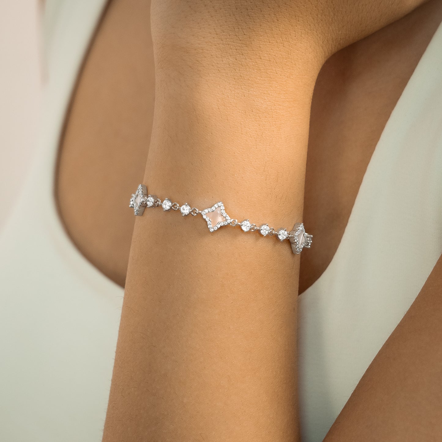Silver Flower Tennis Bracelet - Pink