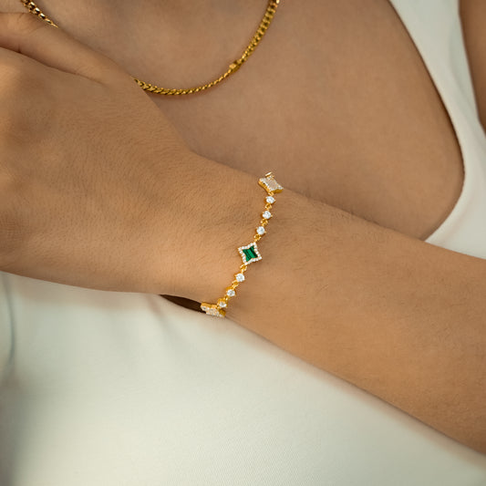 Gold Flower Tennis Bracelet - White & Green