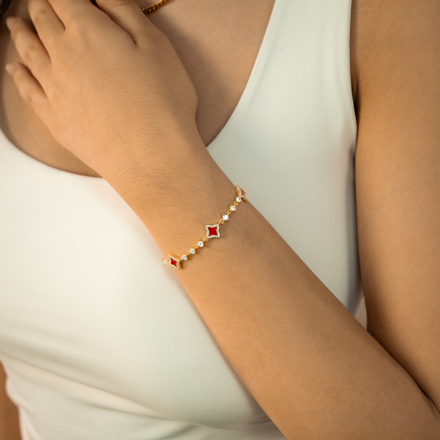 Flower Tennis Bracelet Gold - Red