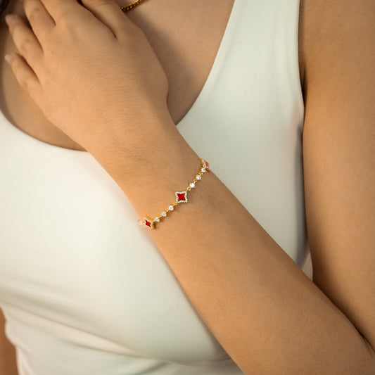 Flower Tennis Bracelet Gold - Red