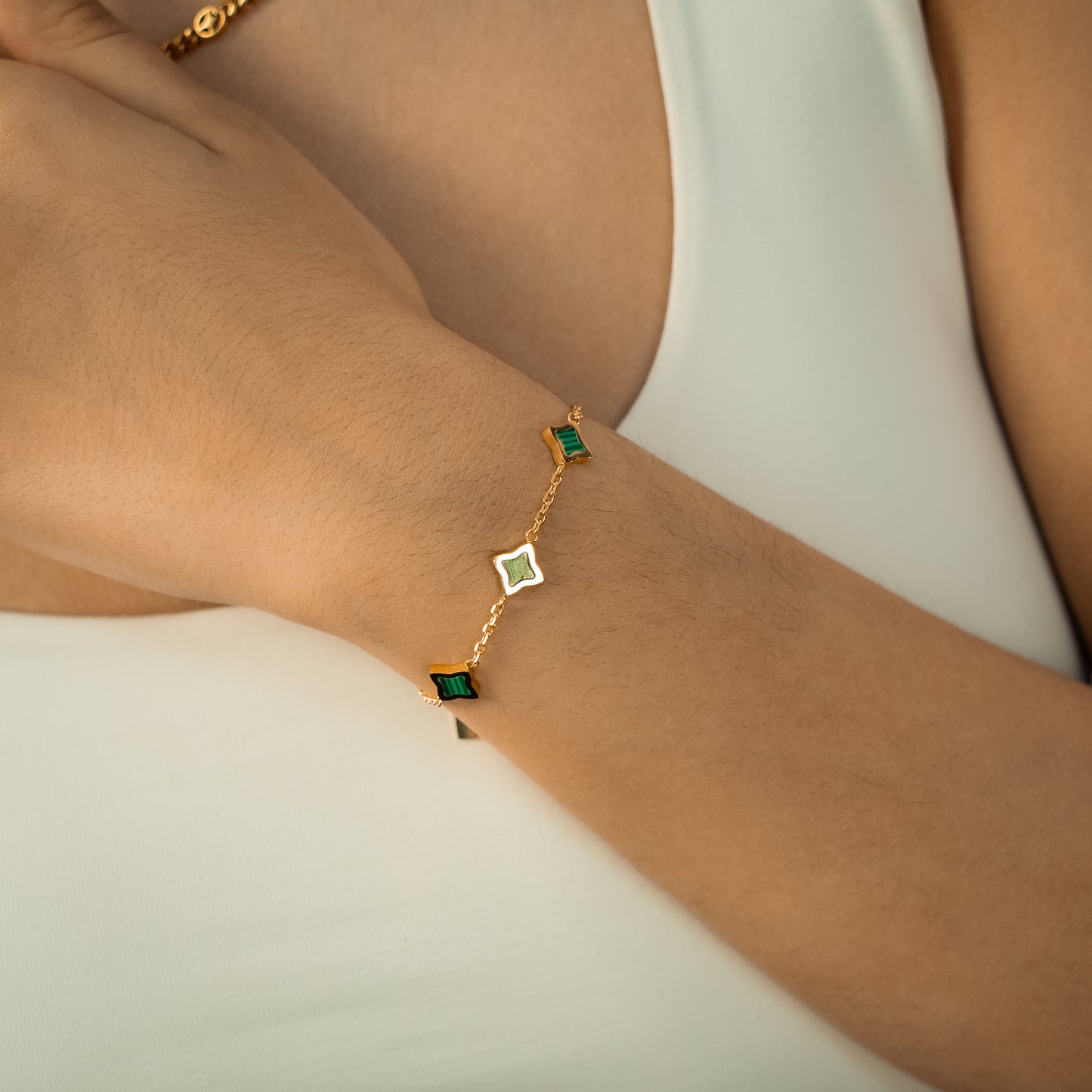 Bracelet Flower câble Doré - Motif Vert