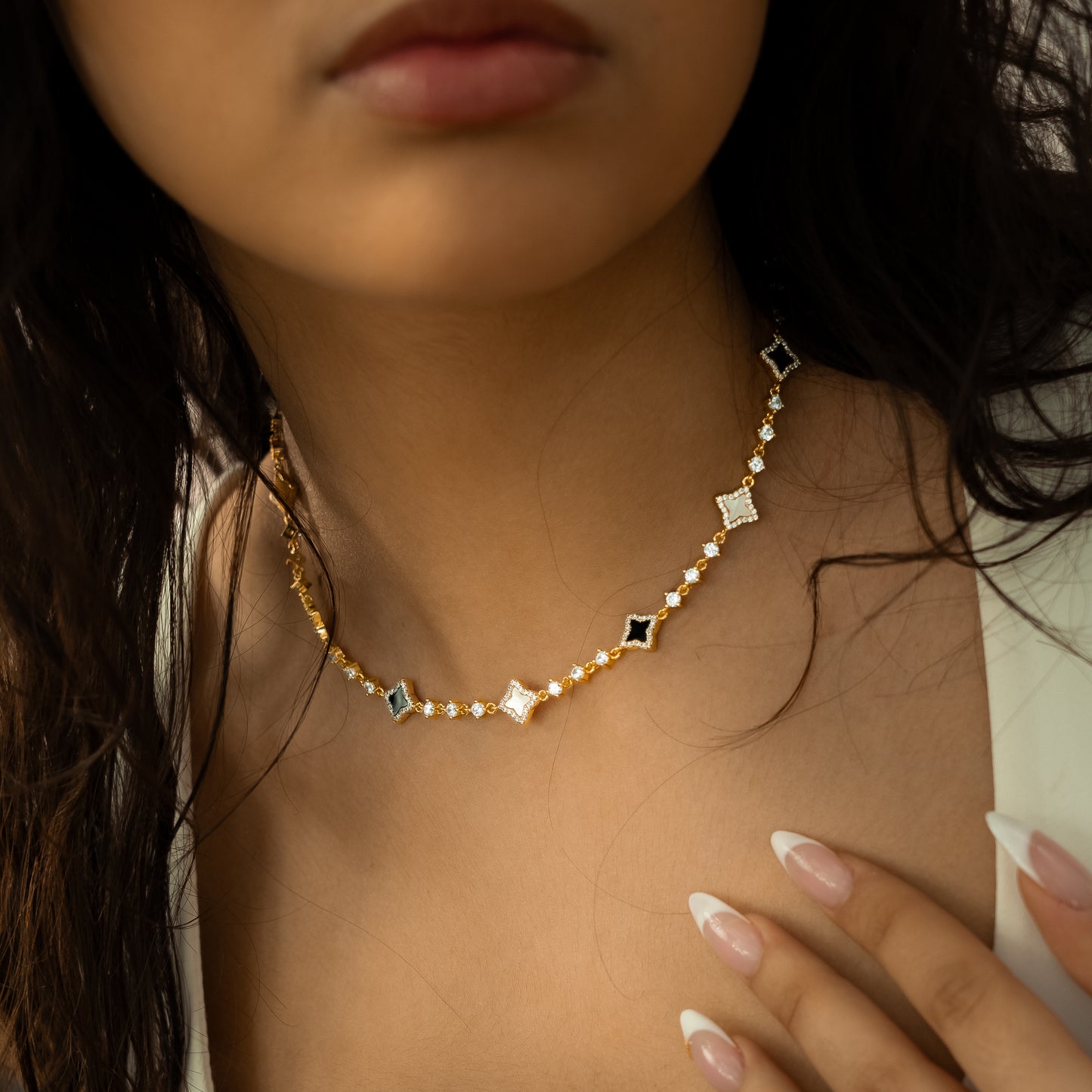 Gold Flower Tennis Chain - White & black