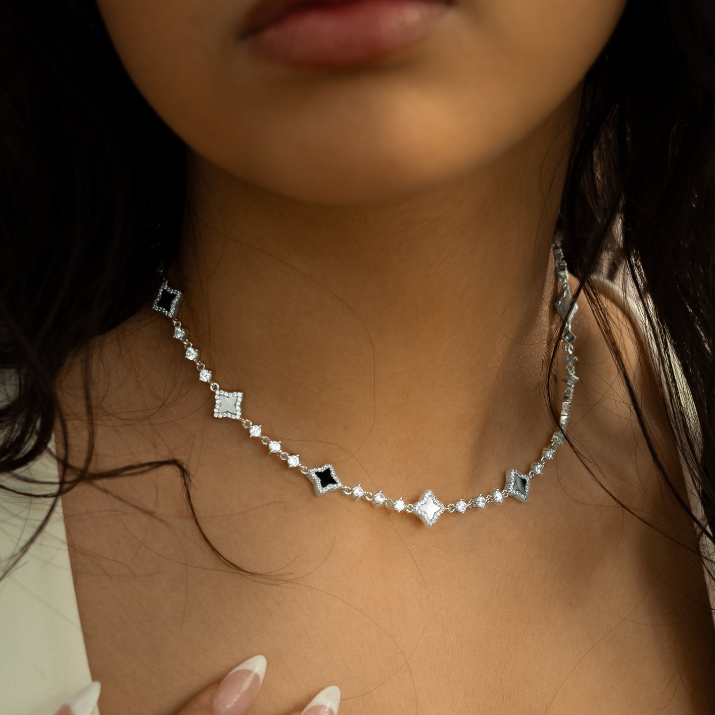 Silver Flower Tennis Chain - White & black