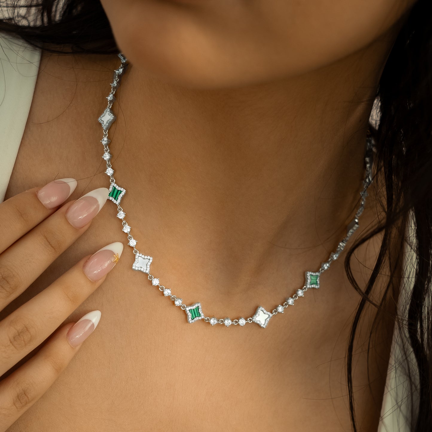 Silver Flower Tennis Chain - White & Green