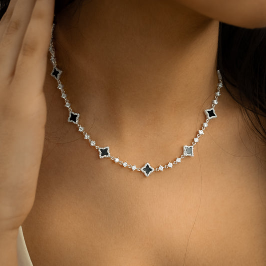 Silver Flower Tennis Chain - Black