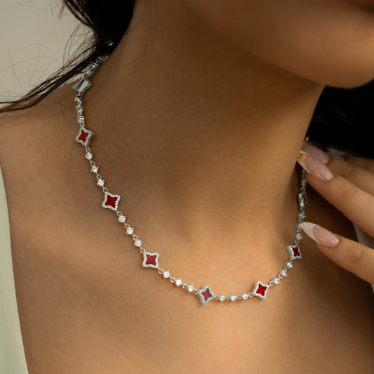 Silver Flower Tennis Chain - Red