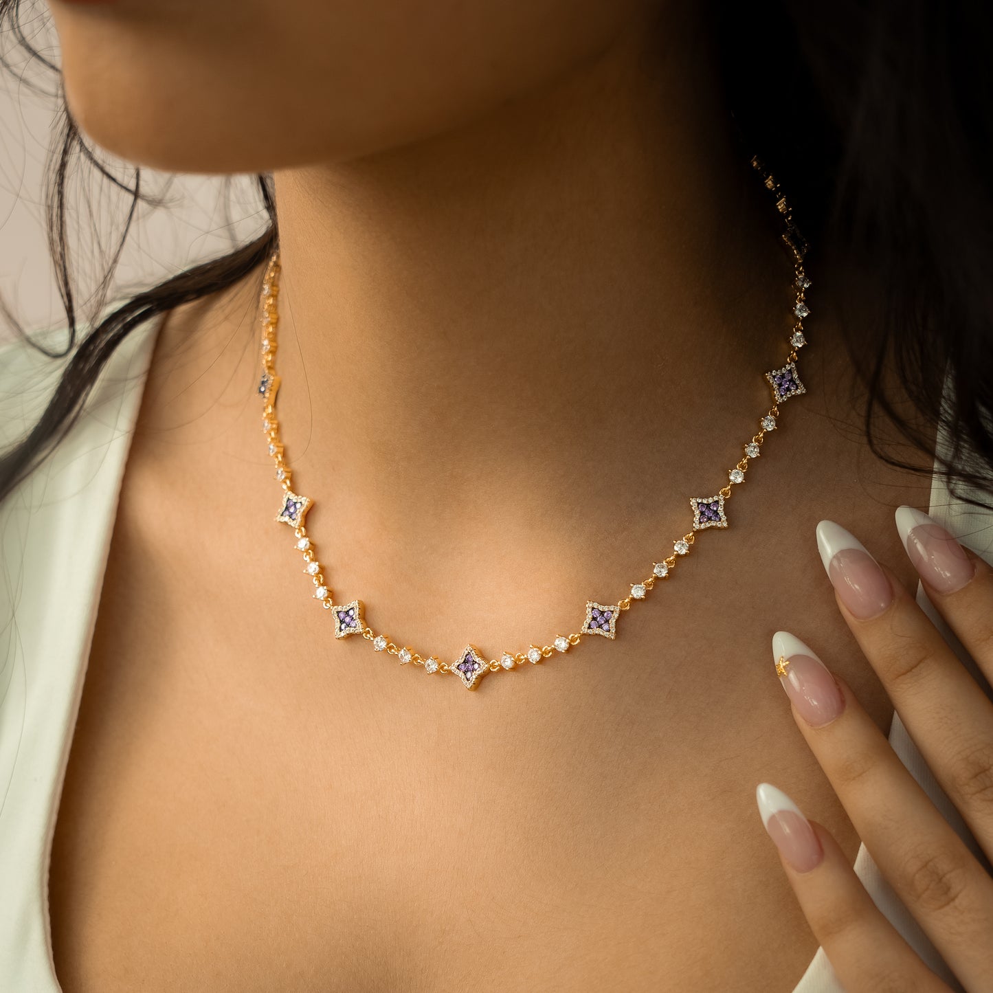 Gold Flower Tennis Chain - Purple Stones