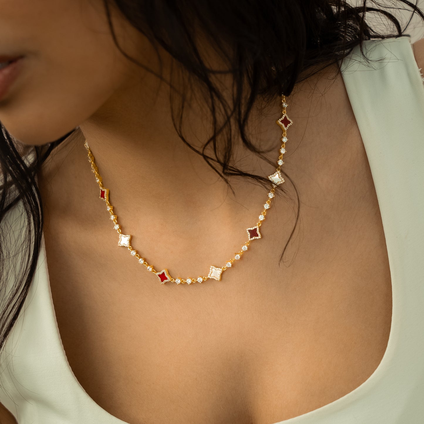 Gold Flower Tennis Chain - White & Red