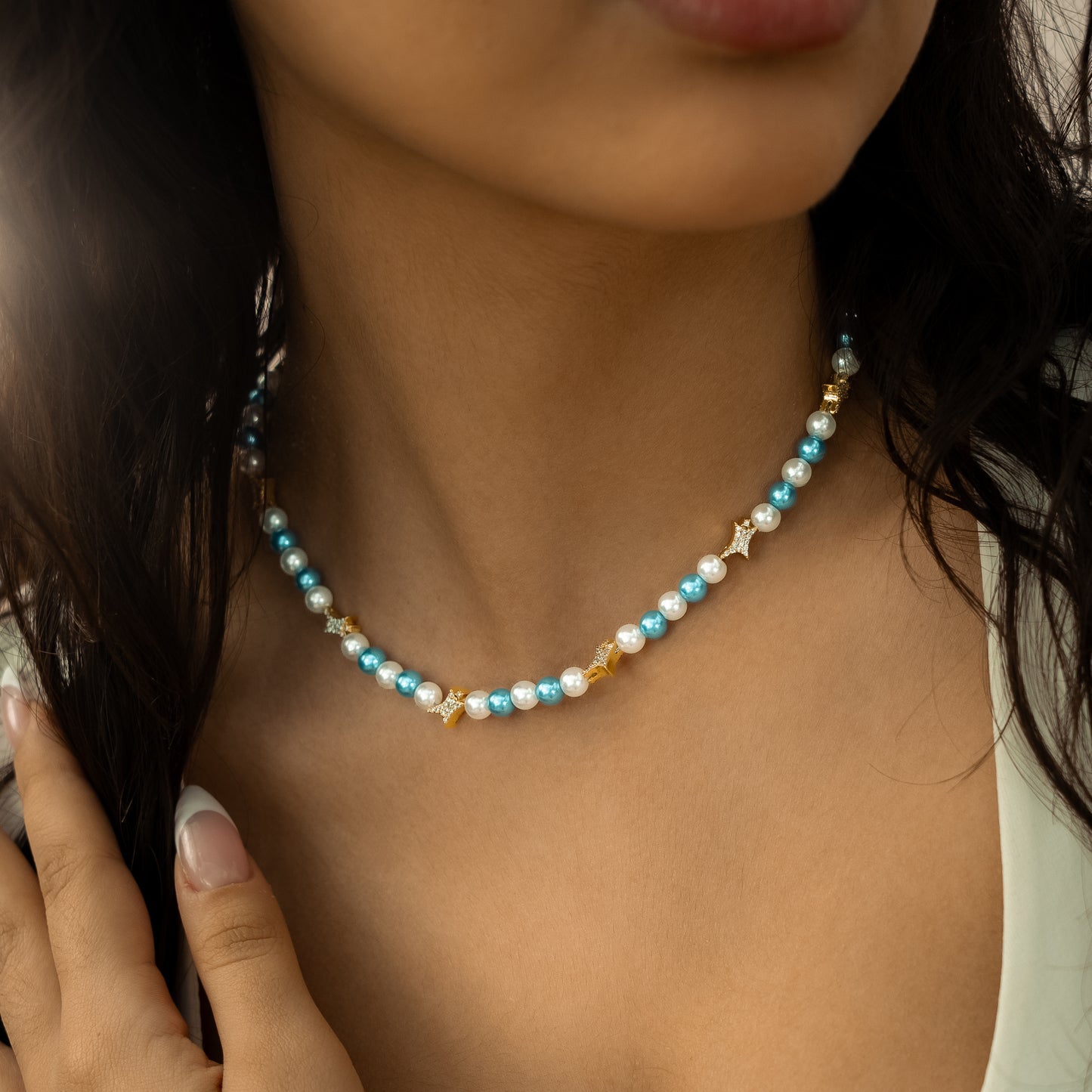 Signature Gold Pearl Chain - White and Blue