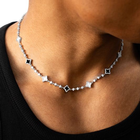 Silver Flower Tennis Chain - White & black
