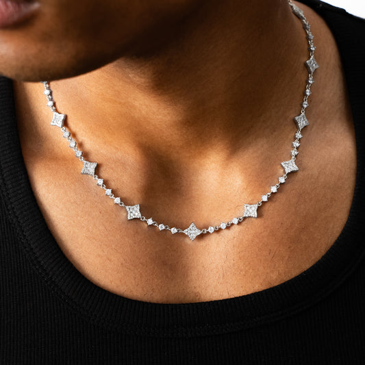 Silver Flower Tennis Chain - White Stones
