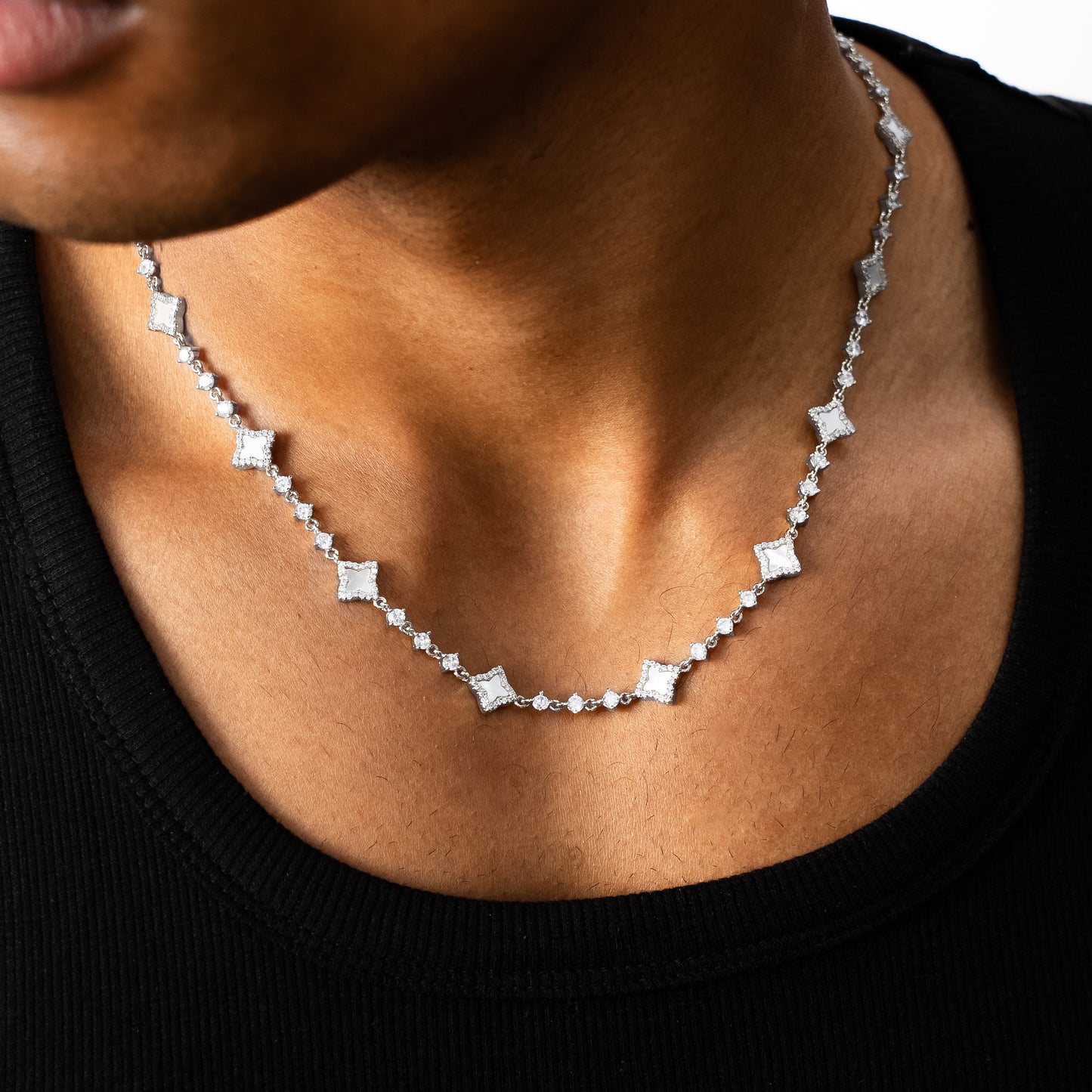 Silver Flower Tennis Chain - White