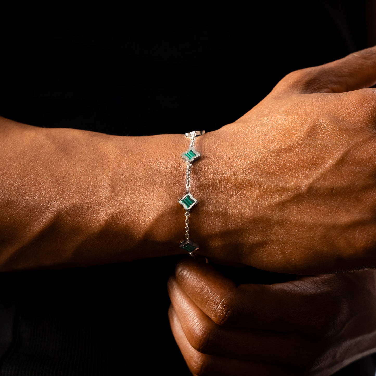 Silver Flower Cable Bracelet - Green