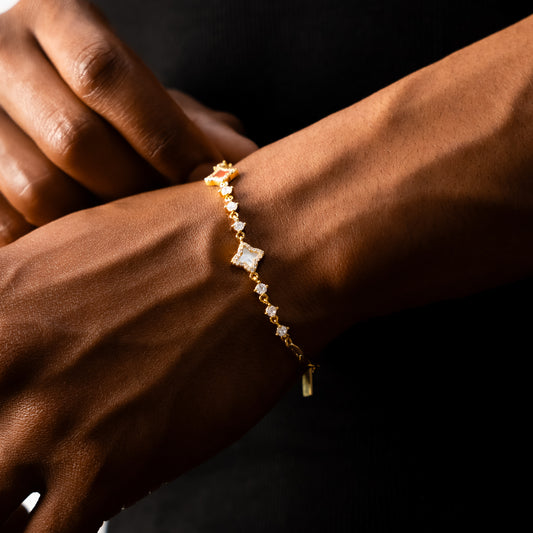 Bracelet Flower Tennis Doré - Motif Blanc & Rouge