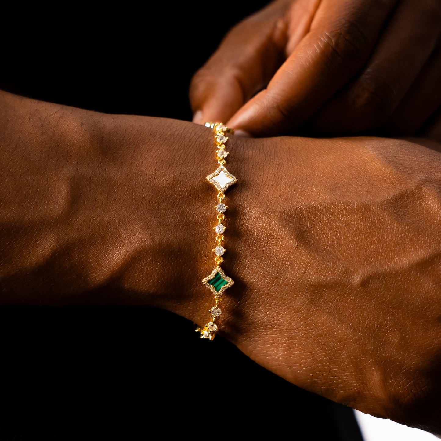 Gold Flower Tennis Bracelet - White & Green