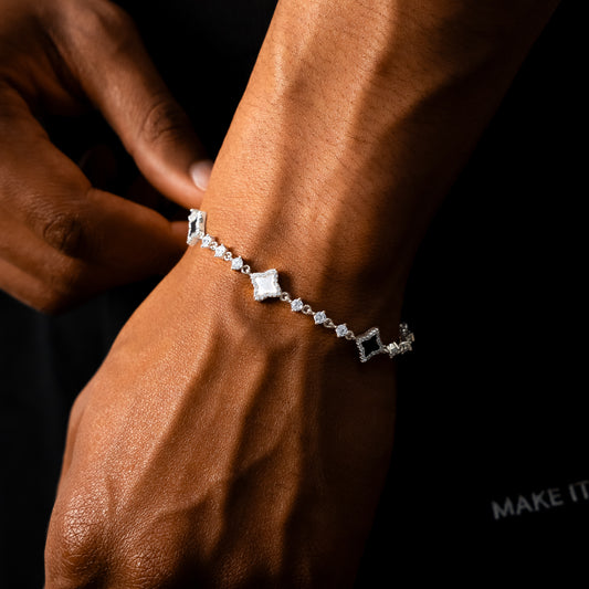 Silver Flower Tennis Bracelet - White & Black
