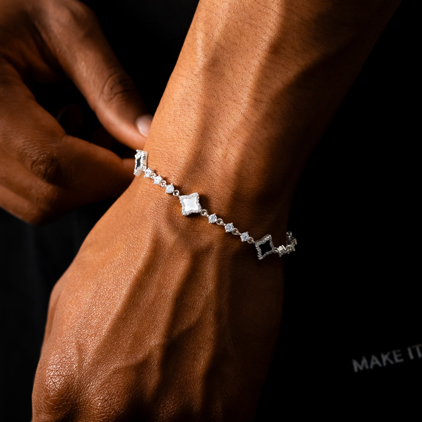 Silver Flower Tennis Bracelet - White & Black