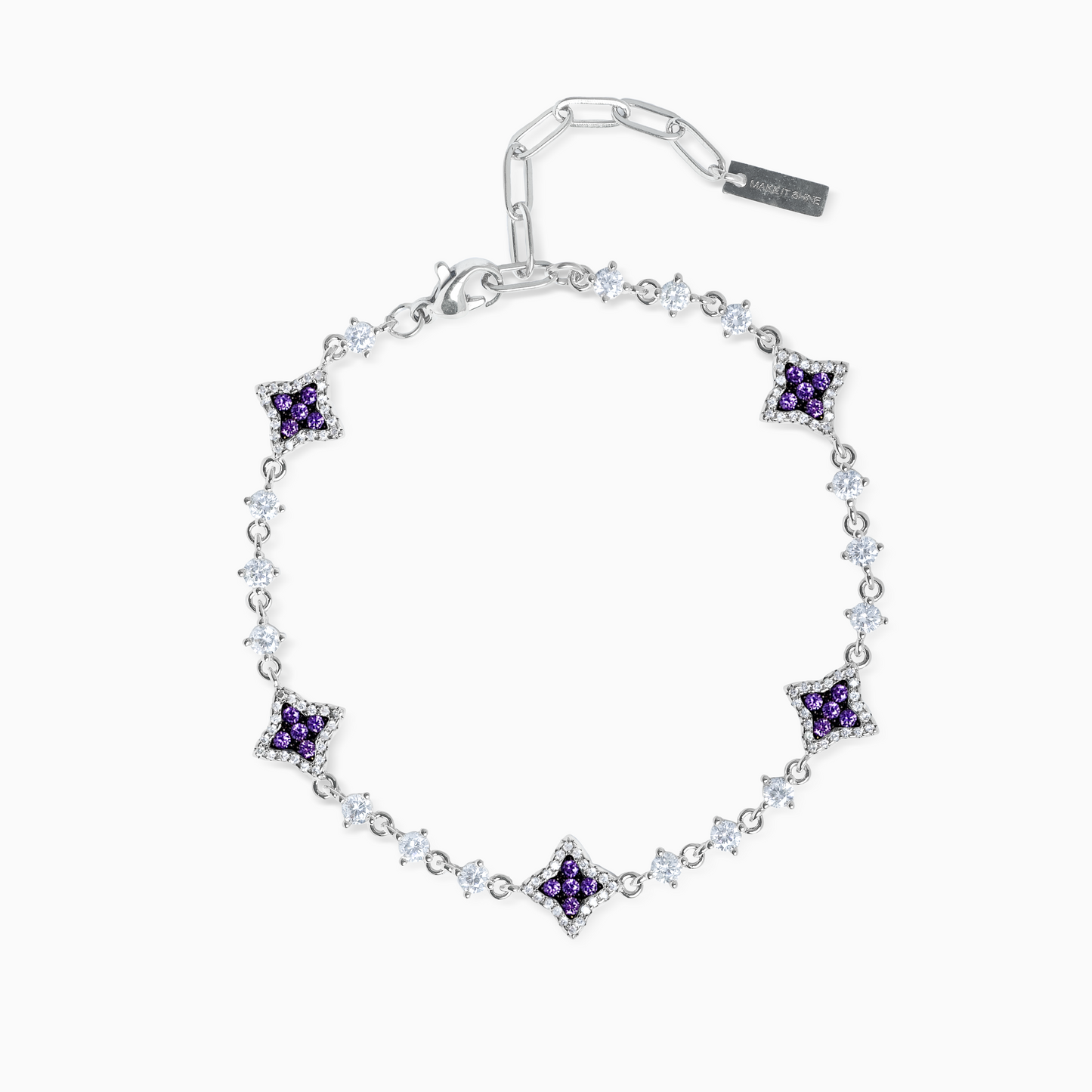 Silver Flower Tennis Bracelet - Purple Stones