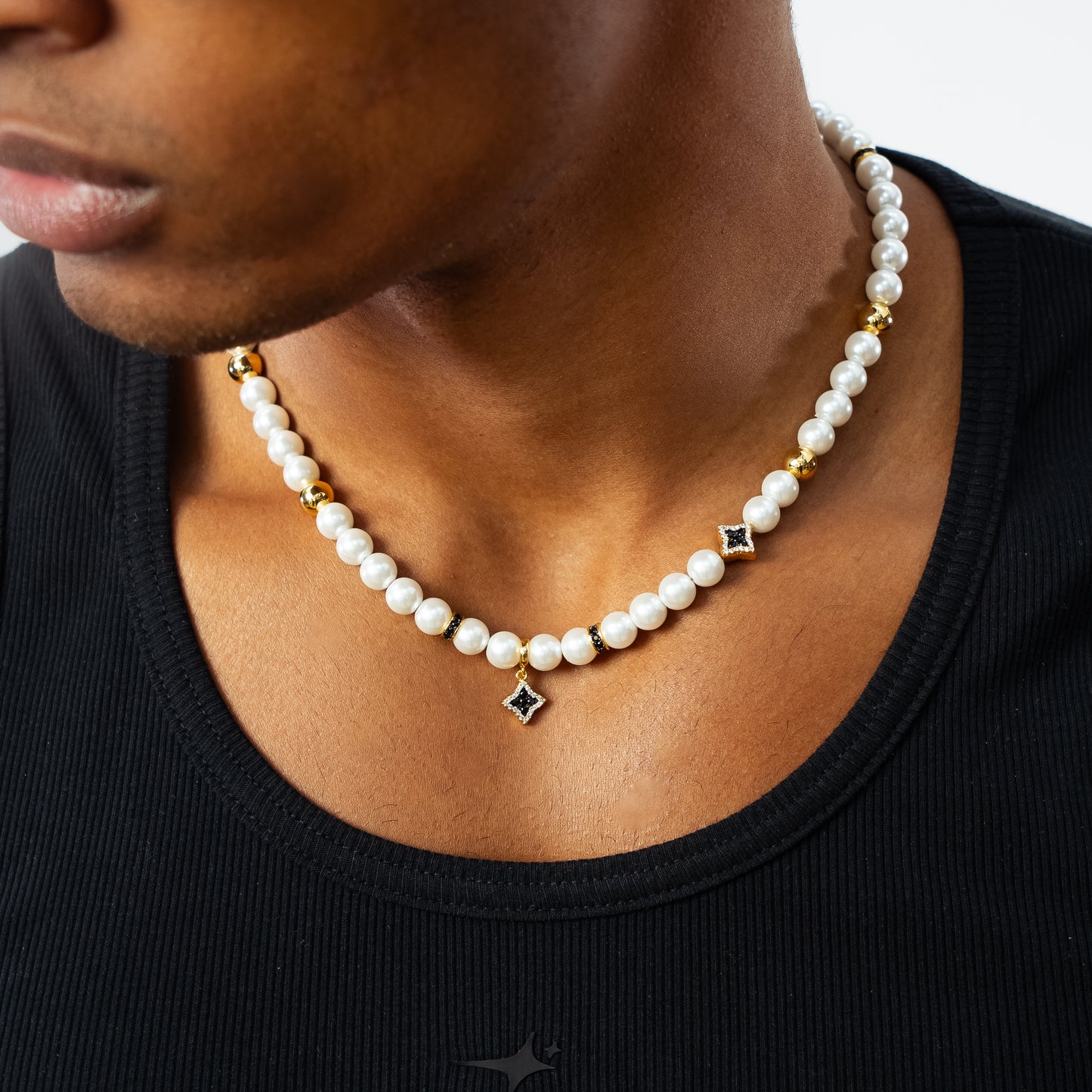 Gold Flower Pearl Chain - Black Stones