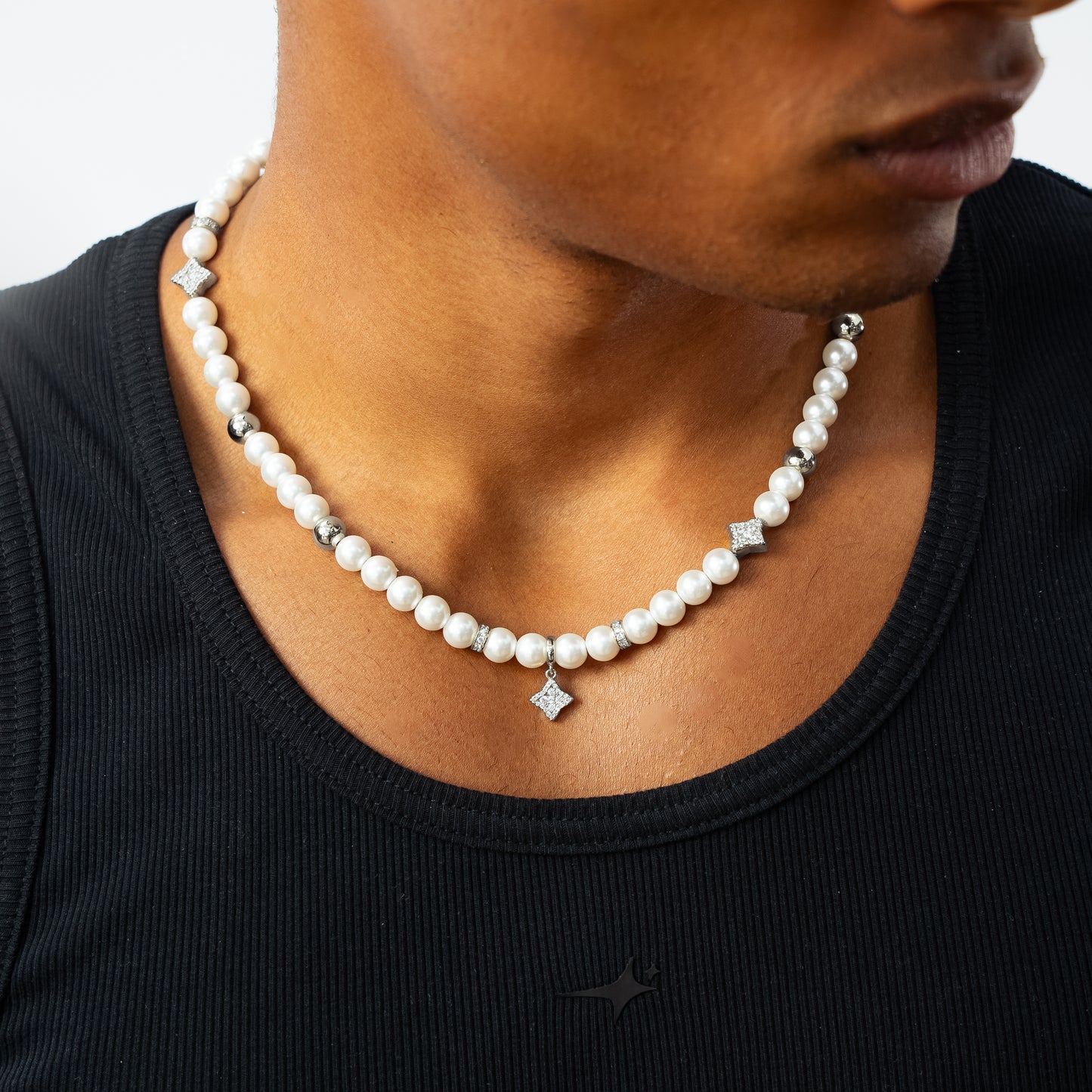 Silver Flower Pearl Chain - White Stones