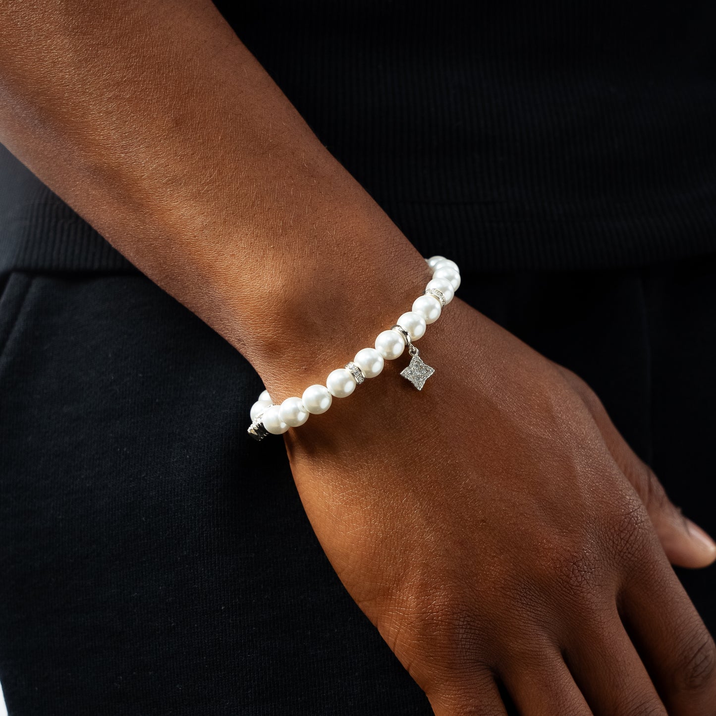 Silver Flower Pearl Bracelet - White Stones