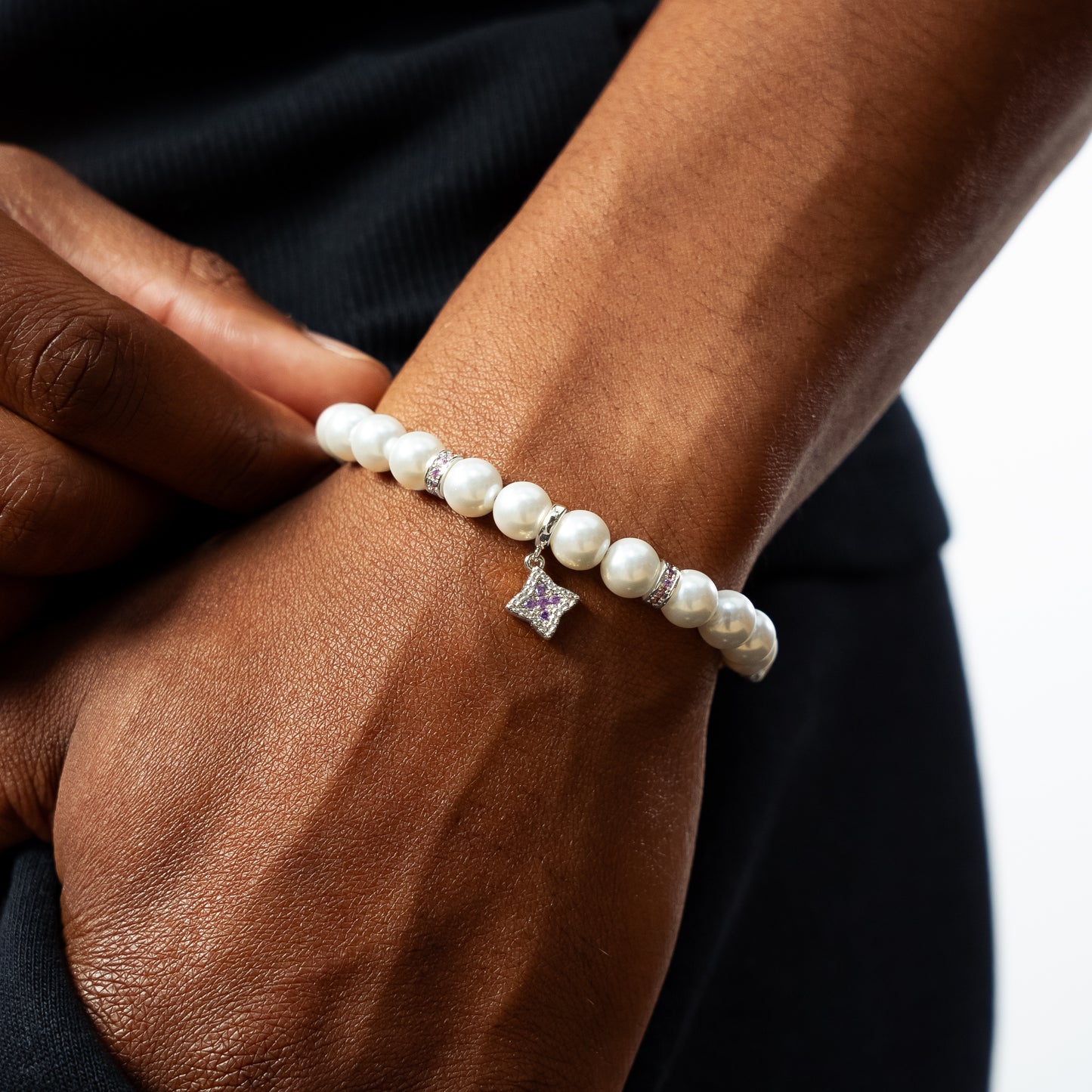 Silver Flower Pearl Bracelet - Purple Stones