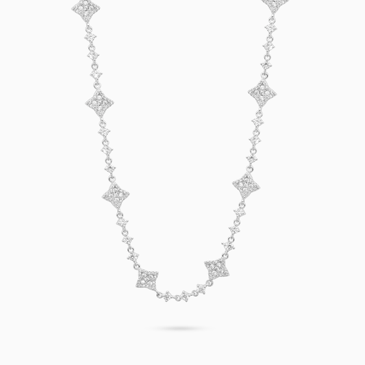Silver Flower Tennis Chain - White Stones