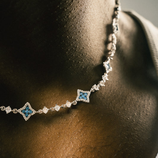 Silver Flower Tennis Chain - Blue Stones