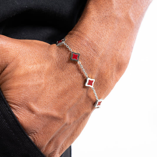 Silver Flower Cable Bracelet - Red