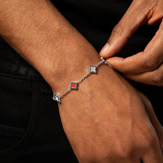 Silver Cable Flower Bracelet - White & Red Pattern