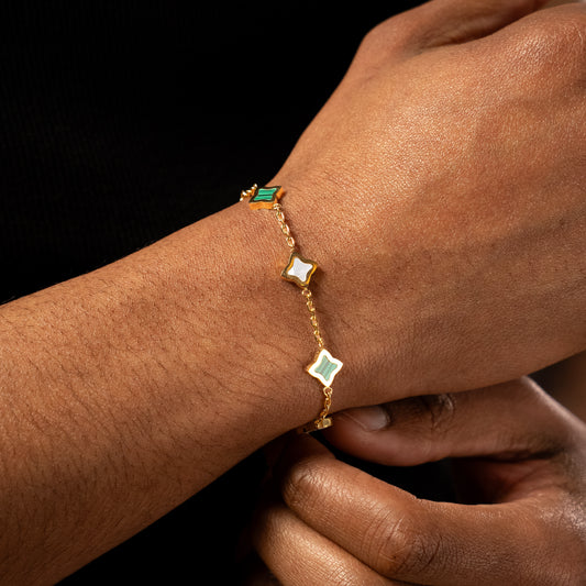 Bracelet Flower câble Doré - Motif Blanc & Vert