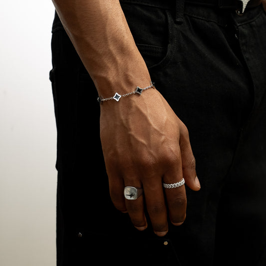 Silver Flower Cable Bracelet - Black