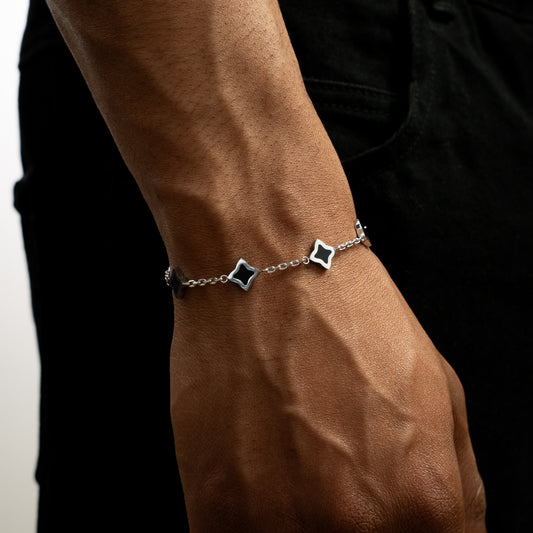 Silver Flower Cable Bracelet - Black