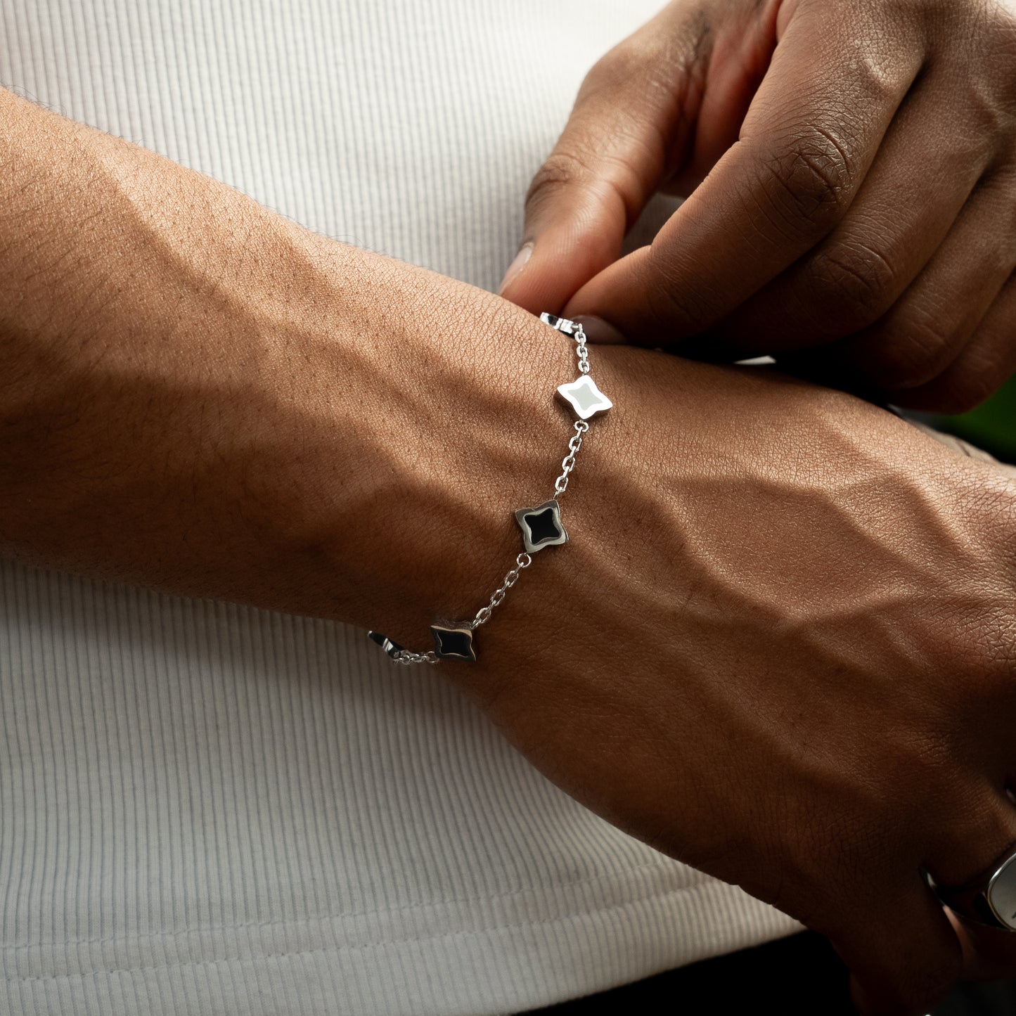 Silver Flower Cable Bracelet - Black
