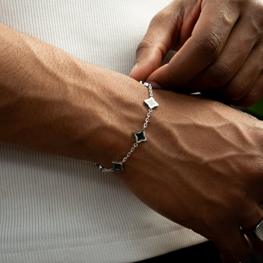 Silver Flower Cable Bracelet - Black