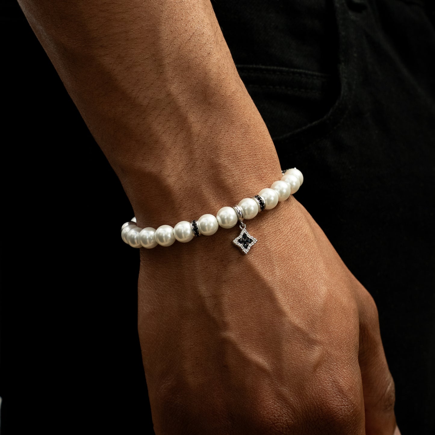 Bracelet Flower Pearl Argenté - Pierres Noires