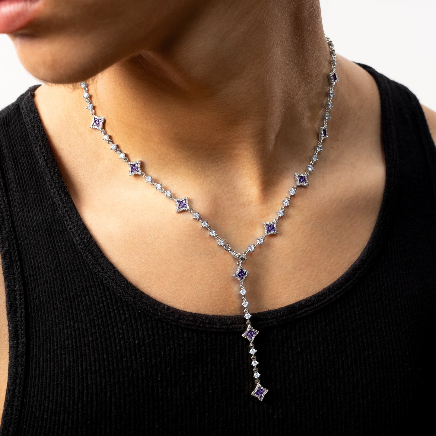 Lariat Flower Tennis Silver - Purple Stones