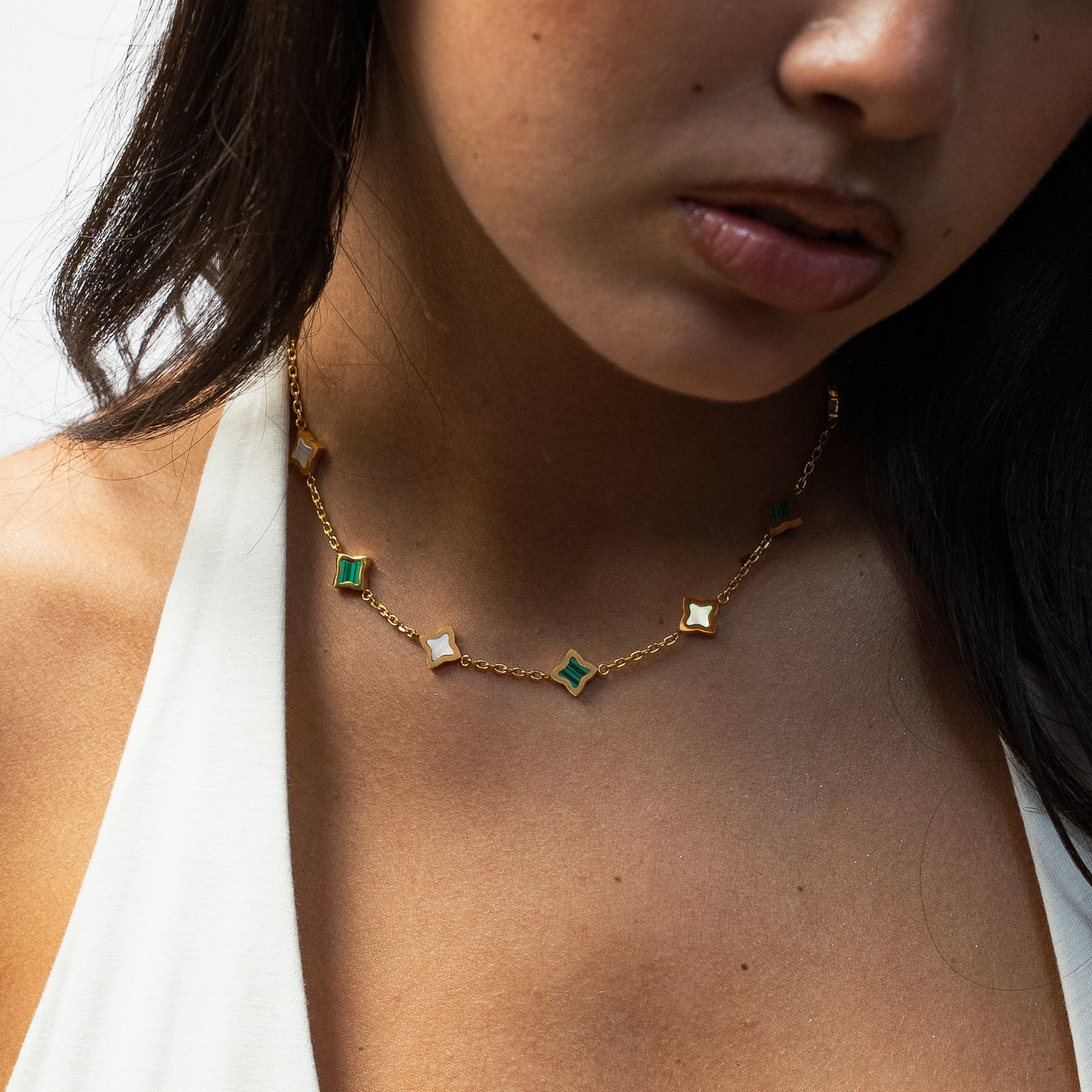 Gold Flower Cable Chain - White & Green Pattern