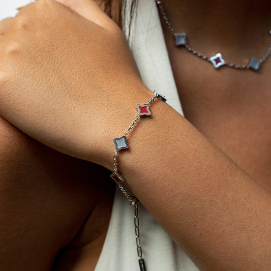 Silver Flower Cable Bracelet - White