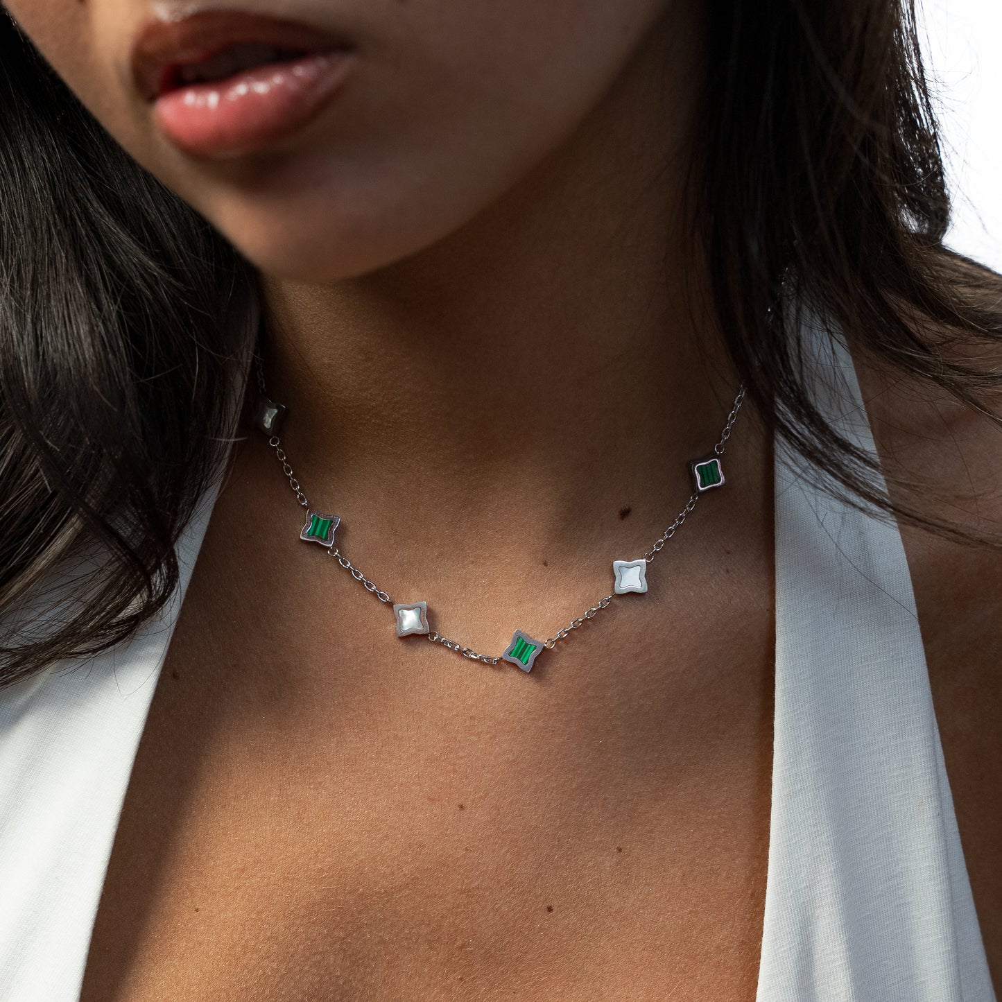 Silver Flower Cable Chain - White & Green Pattern