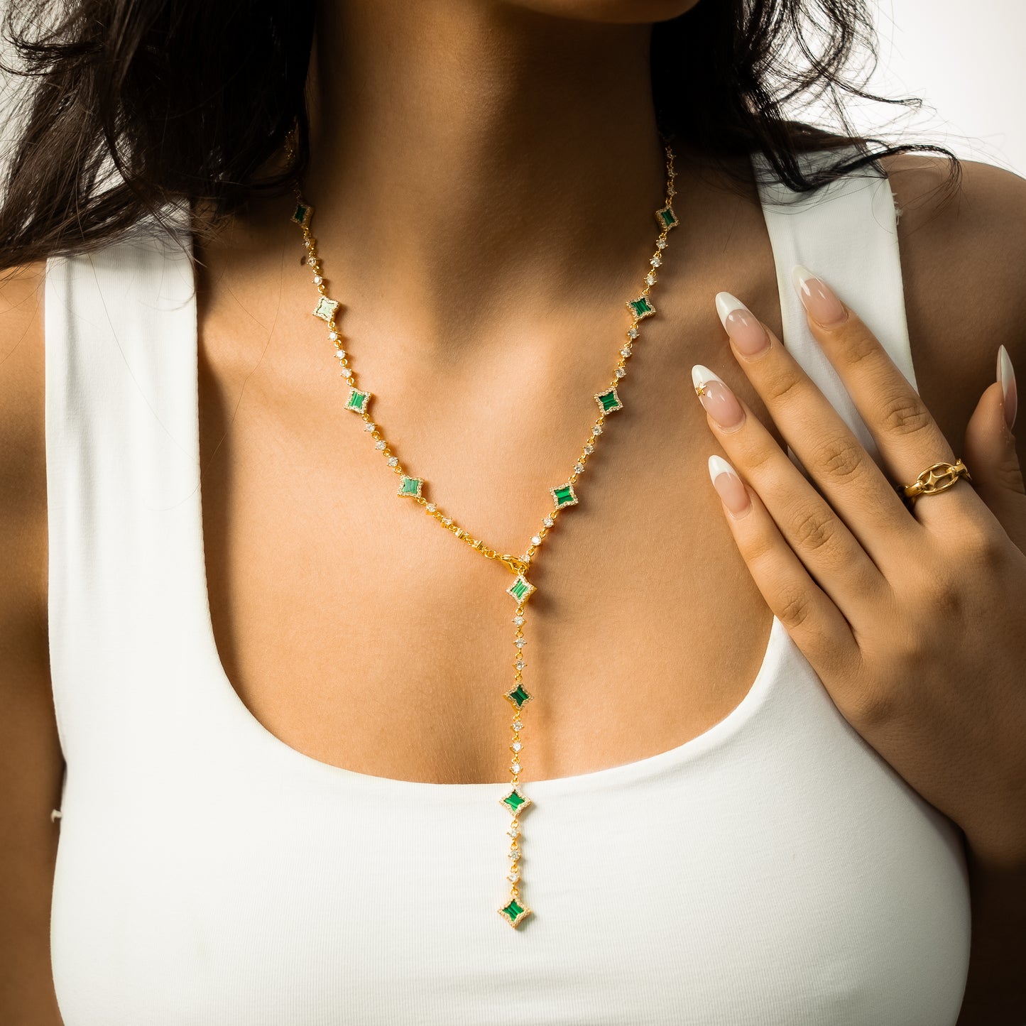 Lariat Flower Tennis Doré - Motif Vert
