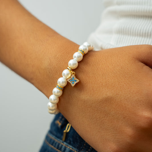 Gold Flower Pearl Bracelet - Blue Stones